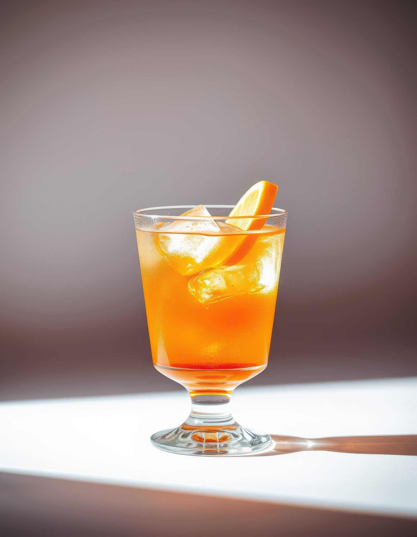 Refreshing cocktail served with ice and citrus slice on a bright surface